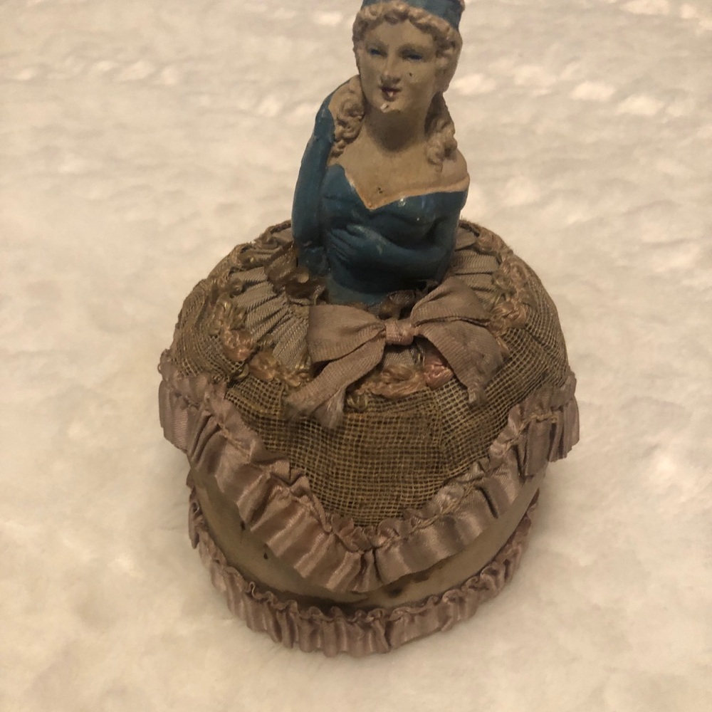 Blue and Tan Decorative Figurine pin cushion vintage